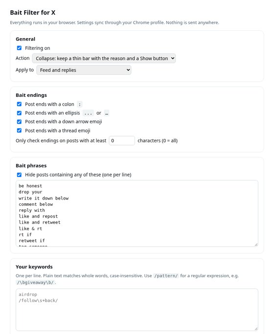 Bait Filter options page