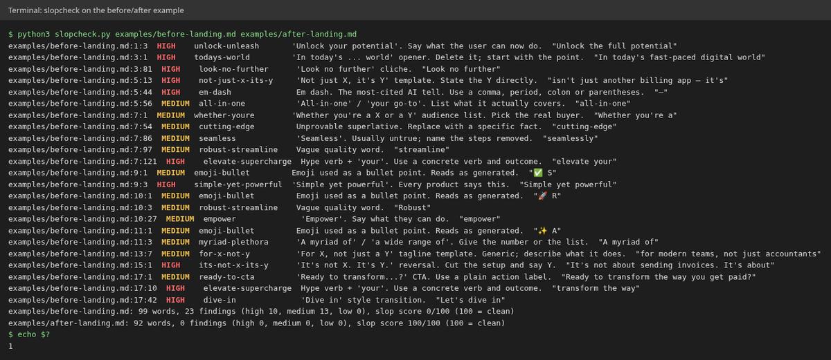 slopcheck output on a before and after landing page